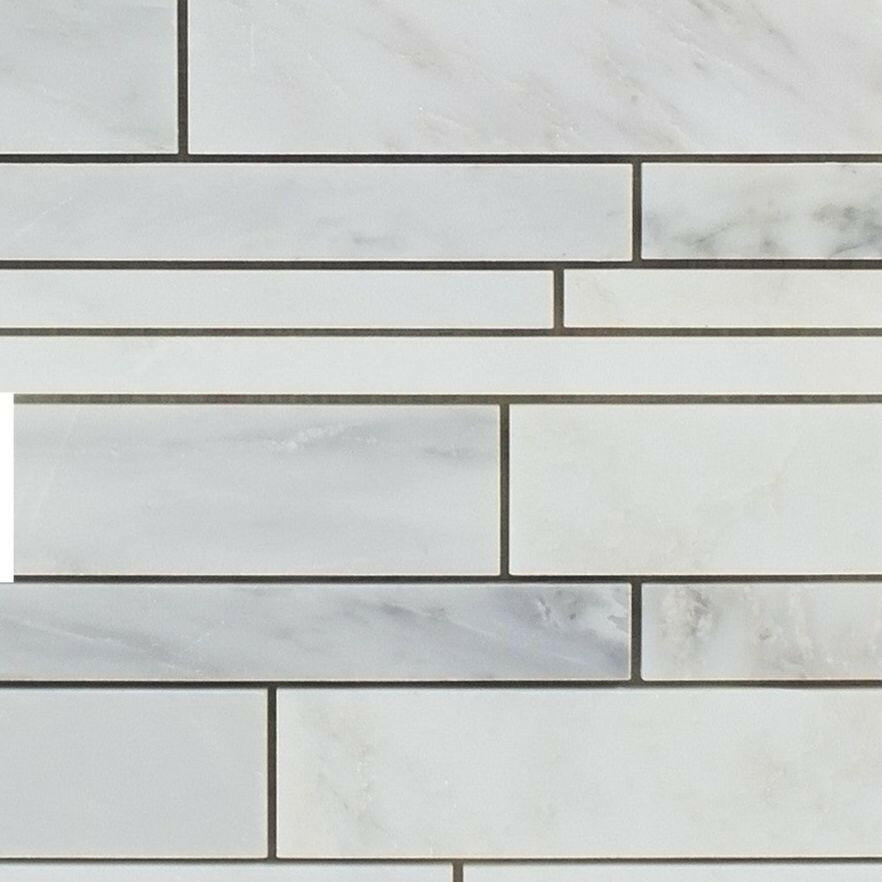 Oriental White / Asian Statuary Marble Polished Random Strip Mosaic Tile-Marble Mosaic-American Tile Depot