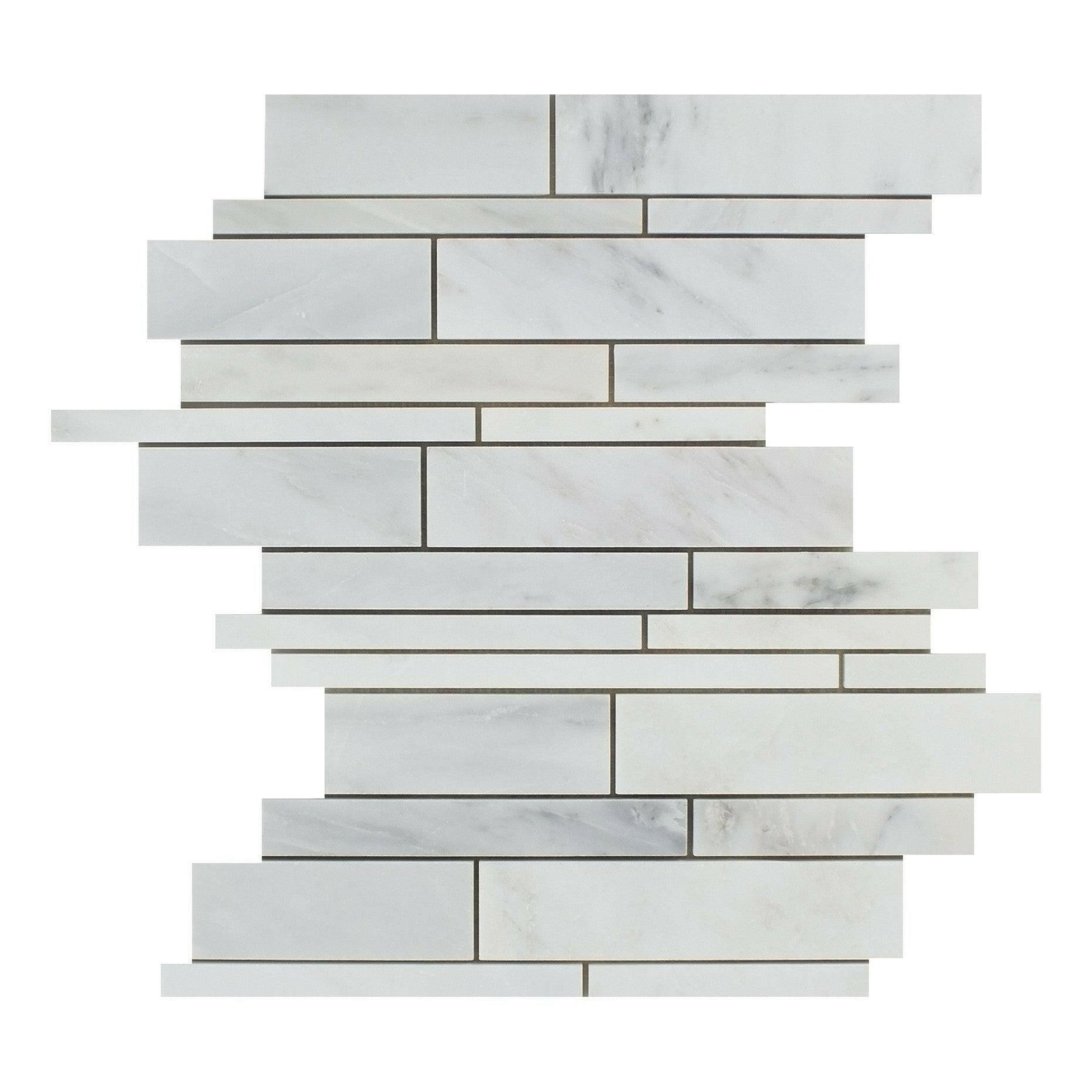 Oriental White / Asian Statuary Marble Polished Random Strip Mosaic Tile-Marble Mosaic-American Tile Depot