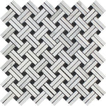 Oriental White / Asian Statuary Marble Polished Stanza Basketweave Mosaic Tile w / Black Dots-Marble Mosaic-American Tile Depot