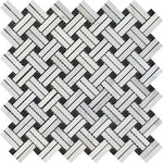 Oriental White / Asian Statuary Marble Polished Stanza Basketweave Mosaic Tile w / Black Dots-Marble Mosaic-American Tile Depot