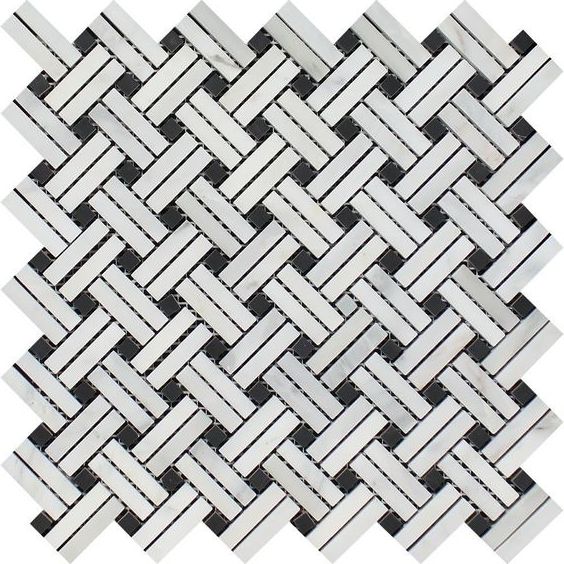 Oriental White / Asian Statuary Marble Polished Stanza Basketweave Mosaic Tile w / Black Dots-Marble Mosaic-American Tile Depot