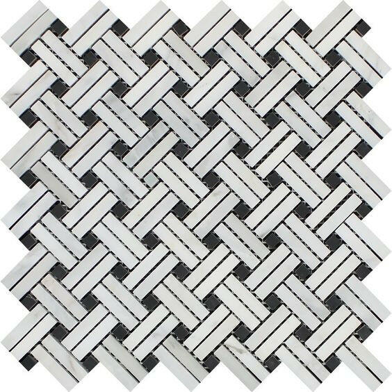 Oriental White / Asian Statuary Marble Polished Stanza Basketweave Mosaic Tile w / Black Dots-Marble Mosaic-American Tile Depot