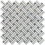 Oriental White / Asian Statuary Marble Polished Stanza Basketweave Mosaic Tile w / Blue-Gray Dots-Marble Mosaic-American Tile Depot