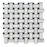 Oriental White / Asian Statuary Marble Polished Basketweave Mosaic Tile w/ Black Dots-Marble Mosaic-American Tile Depot