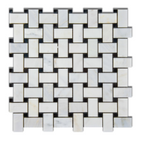 Oriental White / Asian Statuary Marble Honed Basketweave Mosaic Tile w/ Black Dots