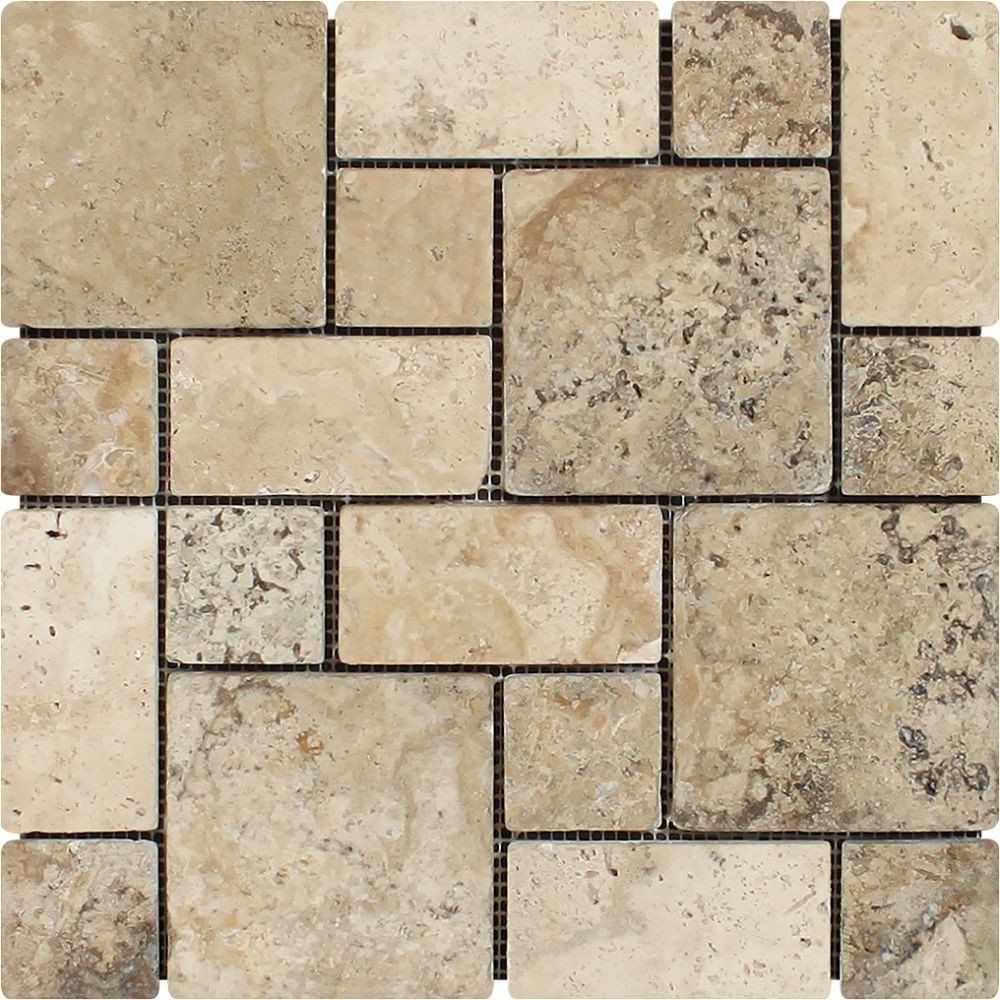 Philadelphia Travertine 3-Pieced Mini-Pattern Tumbled Mosaic Tile-Travertine Mosaic-American Tile Depot