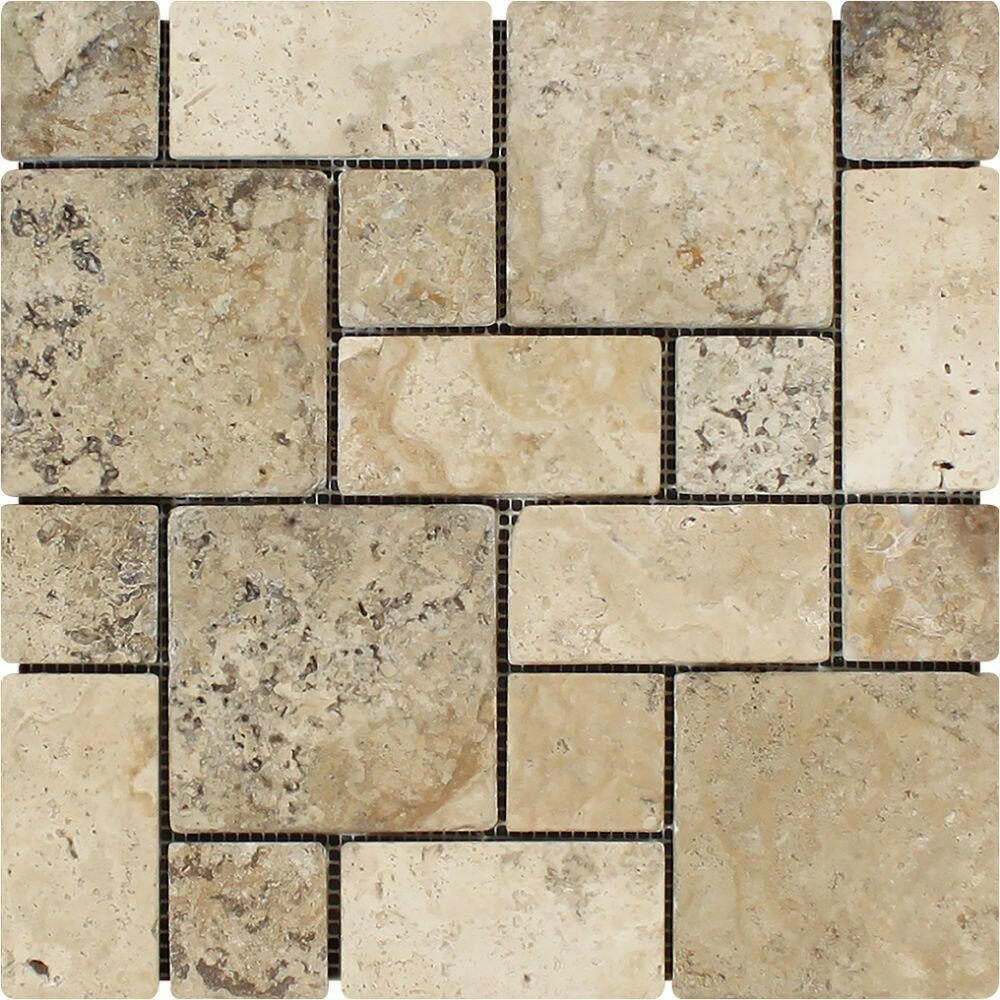 Philadelphia Travertine 3-Pieced Mini-Pattern Tumbled Mosaic Tile-Travertine Mosaic-American Tile Depot