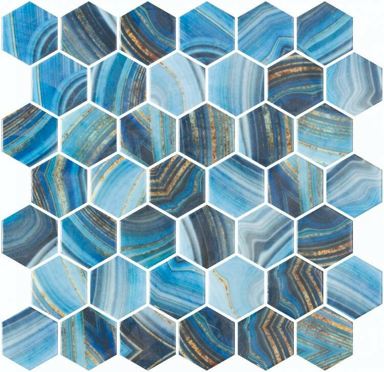 Phoenix Marbling Blue Polished Hexagon Glass Mosaic Tile-Recycled Glass Mosaic-American Tile Depot