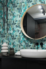 Phoenix Marbling Teal Polished Hexagon Glass Mosaic Tile-Recycled Glass Mosaic-American Tile Depot