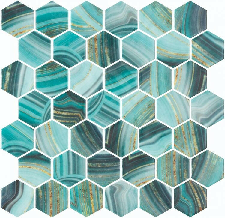 Phoenix Marbling Teal Polished Hexagon Glass Mosaic Tile-Recycled Glass Mosaic-American Tile Depot