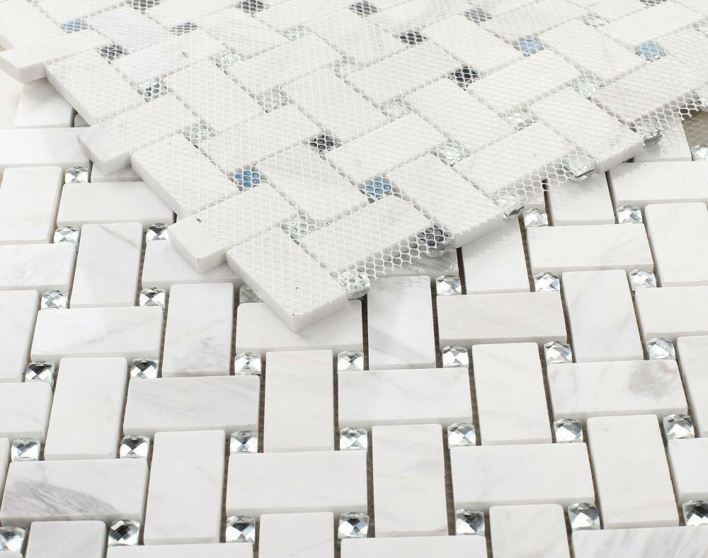 Precious Stone Cross White Basketweave Mosaic Wall Tile-Mixed Mosaic-American Tile Depot