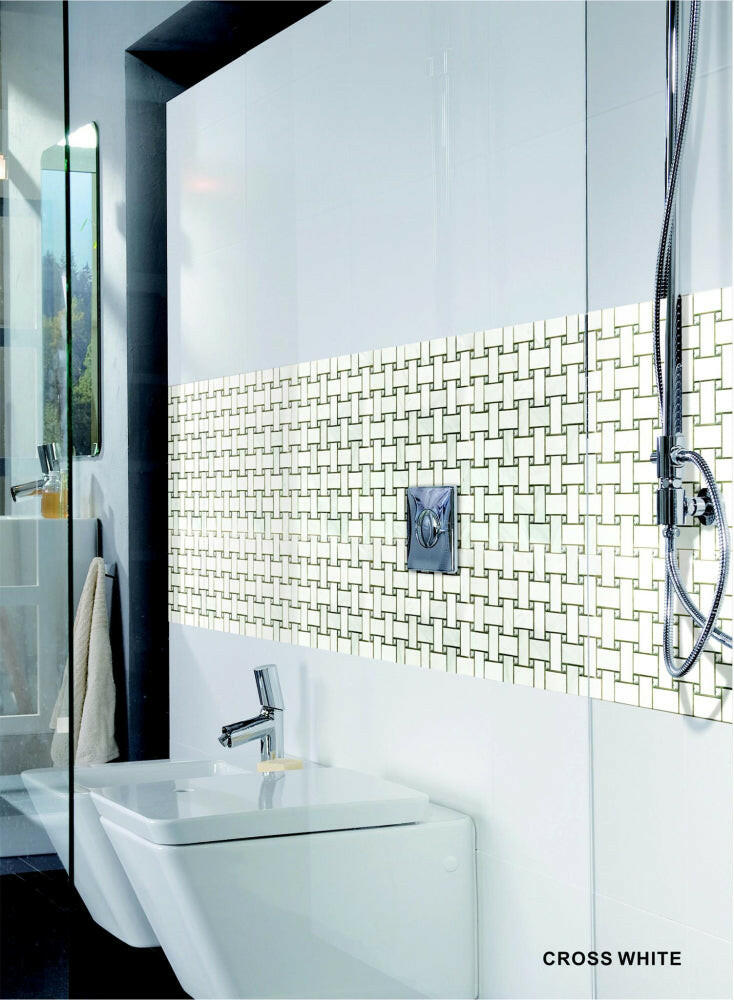 Precious Stone Cross White Basketweave Mosaic Wall Tile-Mixed Mosaic-American Tile Depot