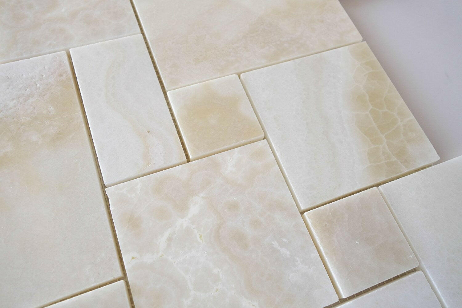 Premium White Onyx CROSS-CUT 4-Pieced OPUS Mini-Pattern Polished Mosaic Tile-Marble Mosaic-American Tile Depot