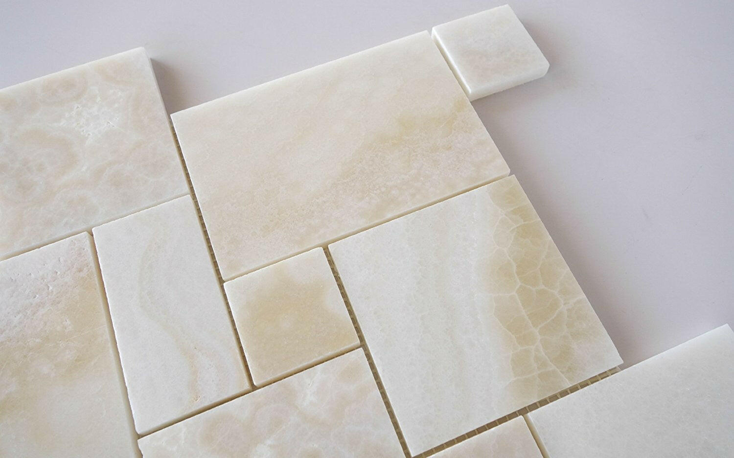 Premium White Onyx CROSS-CUT 4-Pieced OPUS Mini-Pattern Polished Mosaic Tile-Marble Mosaic-American Tile Depot