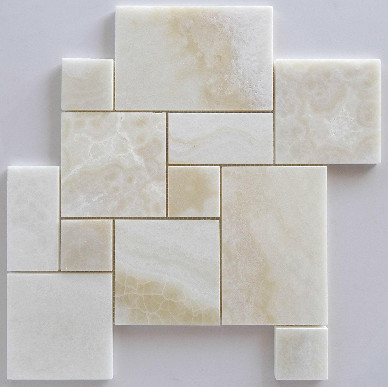 Premium White Onyx CROSS-CUT 4-Pieced OPUS Mini-Pattern Polished Mosaic Tile-Marble Mosaic-American Tile Depot