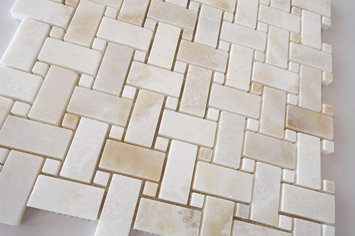 Premium White Onyx CROSS-CUT Basketweave Polished Mosaic Tile w/ White Onyx Dots-Marble Mosaic-American Tile Depot