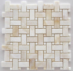 Premium White Onyx CROSS-CUT Basketweave Polished Mosaic Tile w/ White Onyx Dots-Marble Mosaic-American Tile Depot