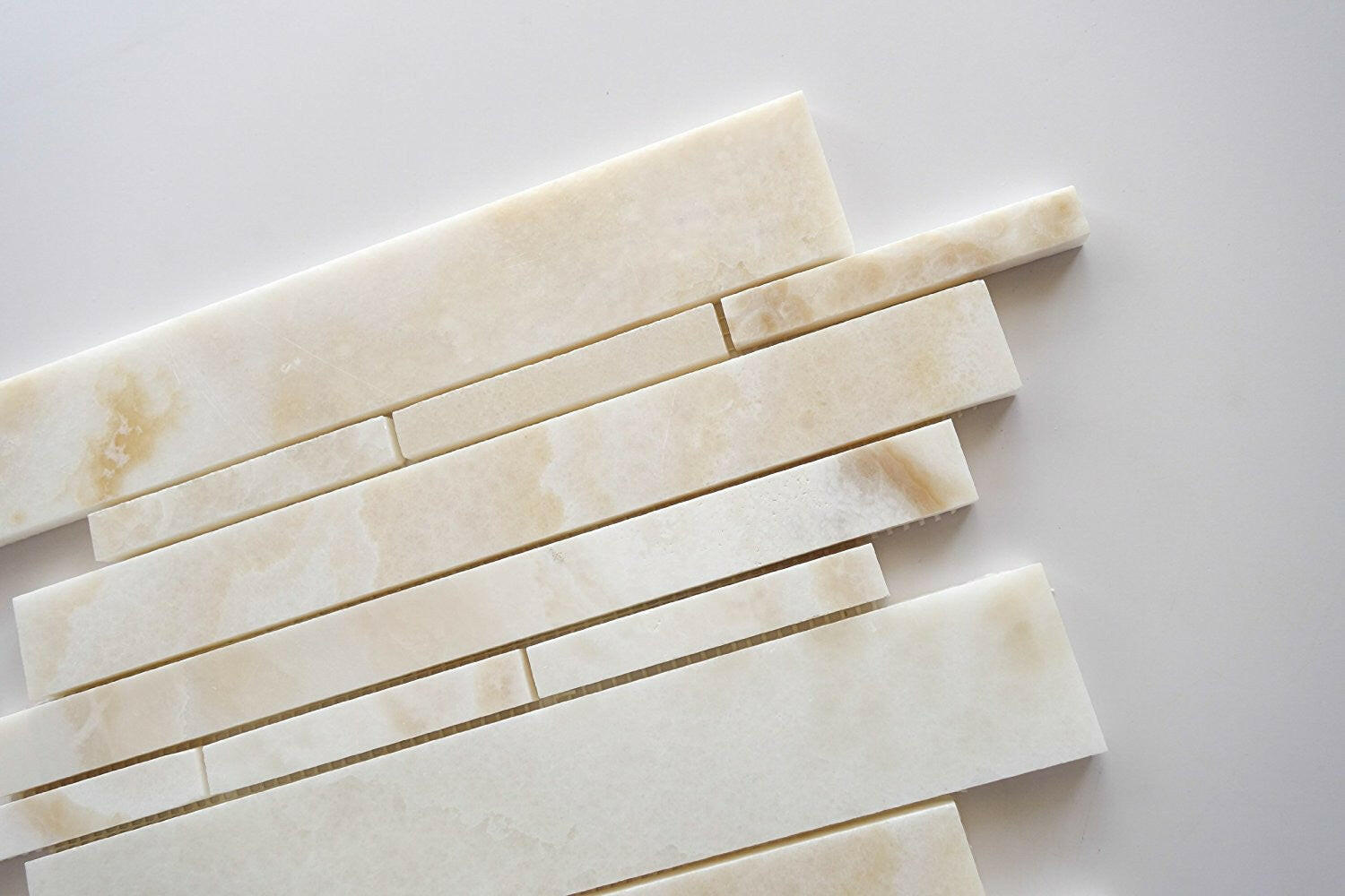 Premium White Onyx CROSS-CUT Polished Random Strip Mosaic Tile-Onyx Mosaic-American Tile Depot