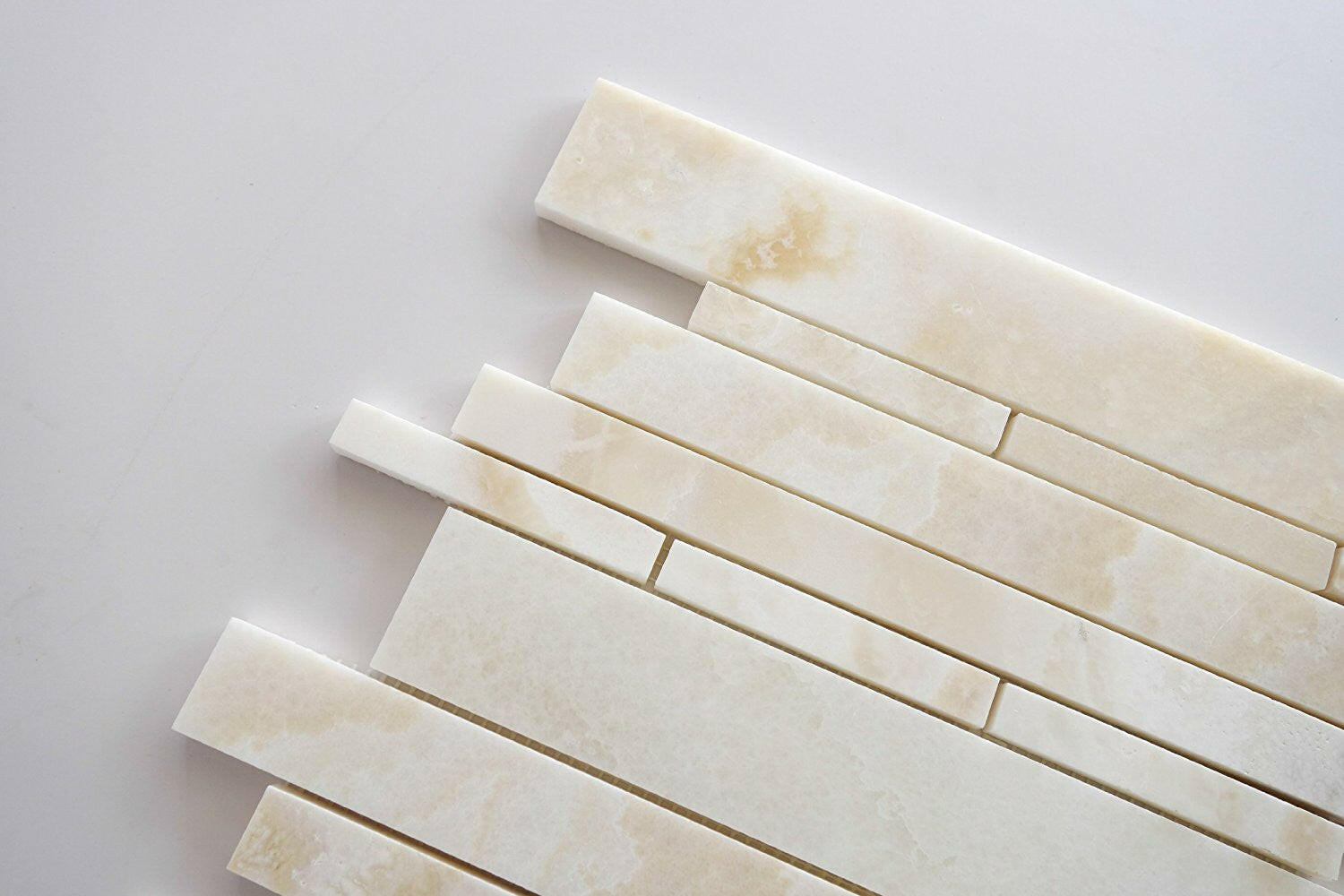 Premium White Onyx CROSS-CUT Polished Random Strip Mosaic Tile-Onyx Mosaic-American Tile Depot