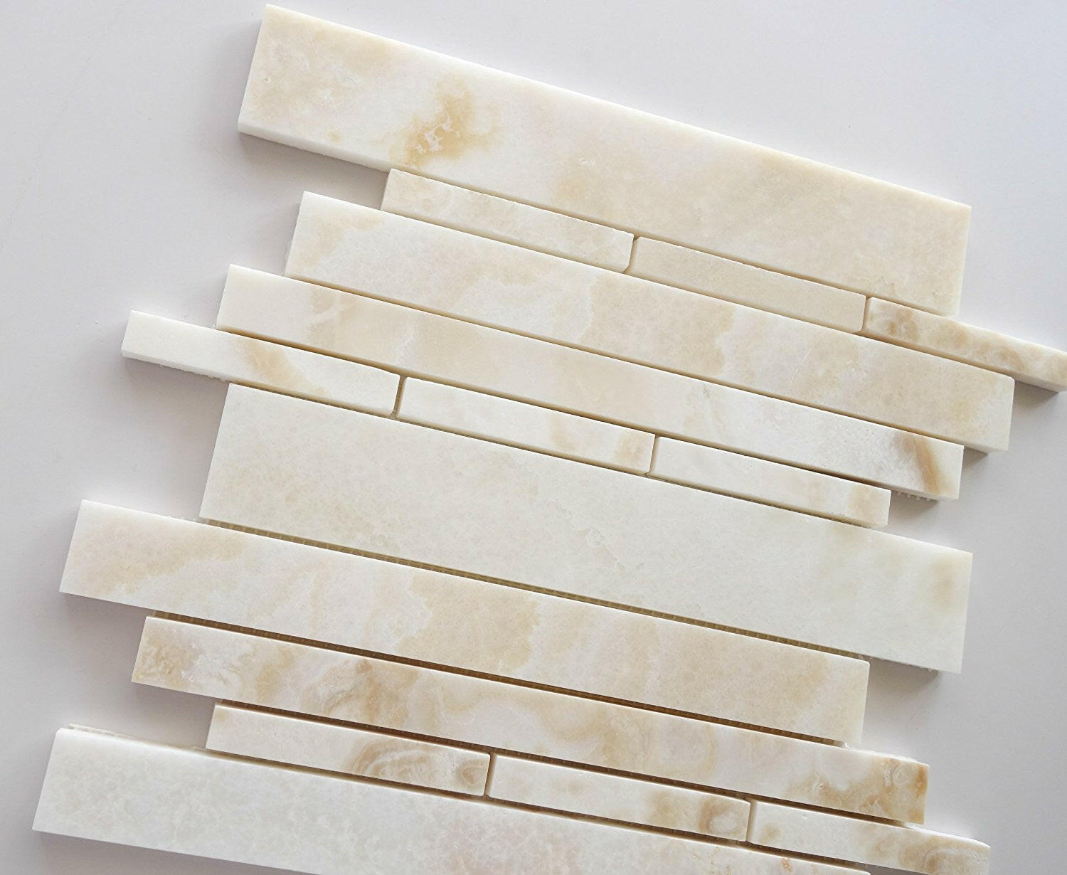 Premium White Onyx CROSS-CUT Polished Random Strip Mosaic Tile-Onyx Mosaic-American Tile Depot