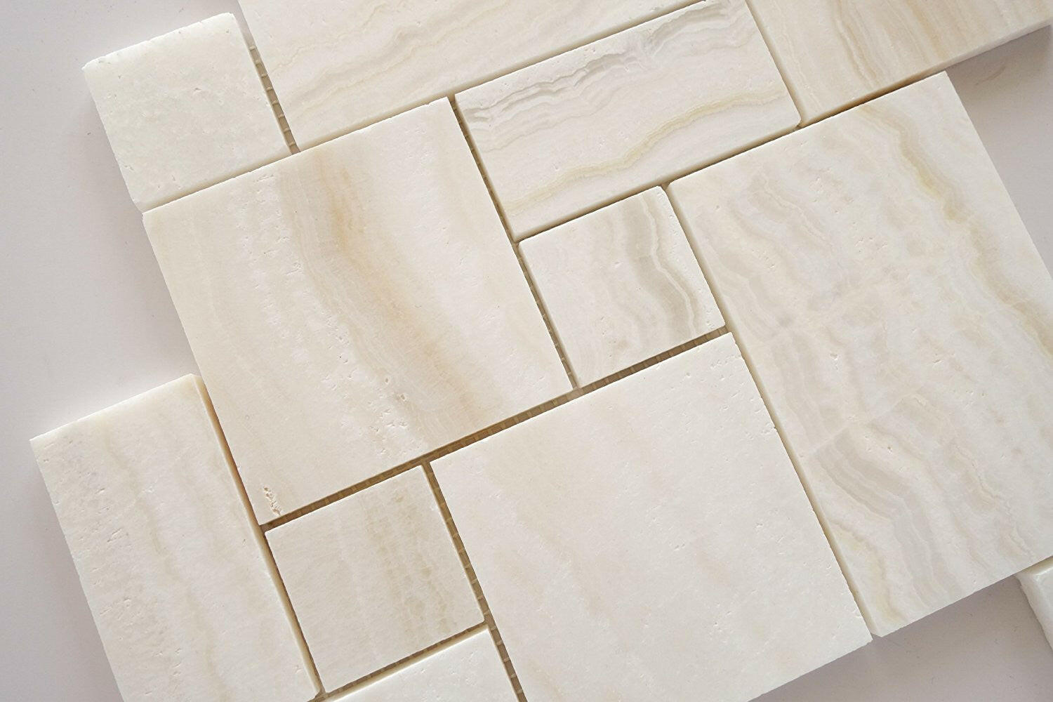 Premium White Onyx VEIN-CUT 4-Pieced OPUS Mini-Pattern Polished Mosaic Tile-Marble Mosaic-American Tile Depot