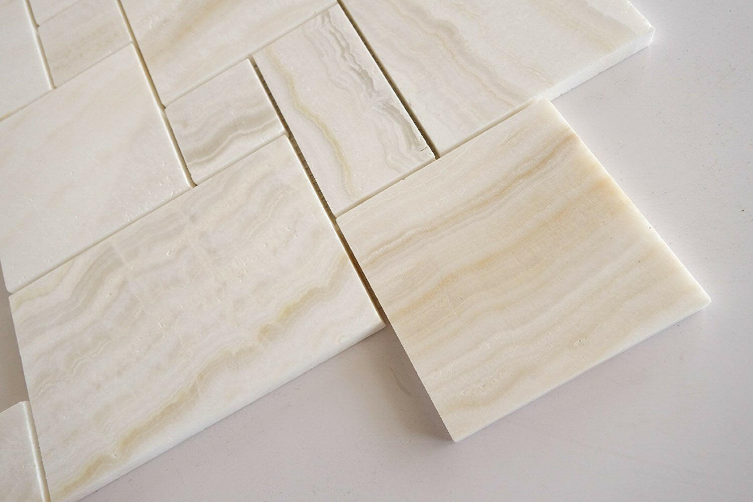 Premium White Onyx VEIN-CUT 4-Pieced OPUS Mini-Pattern Polished Mosaic Tile-Marble Mosaic-American Tile Depot