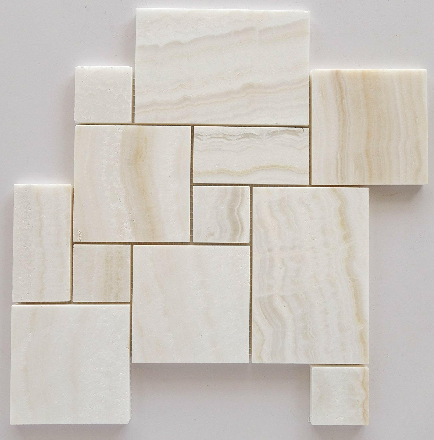 Premium White Onyx VEIN-CUT 4-Pieced OPUS Mini-Pattern Polished Mosaic Tile-Marble Mosaic-American Tile Depot