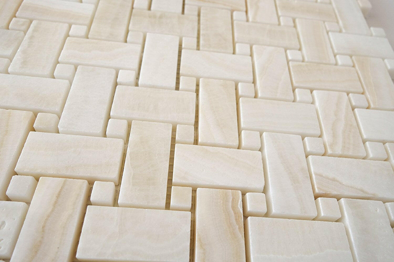 Premium White Onyx VEIN-CUT Basketweave Polished Mosaic Tile w/ White Onyx Dots-Marble Mosaic-American Tile Depot