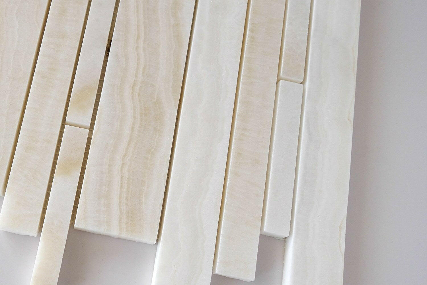 Premium White Onyx VEIN-CUT Polished Random Strip Mosaic Tile-Onyx Mosaic-American Tile Depot