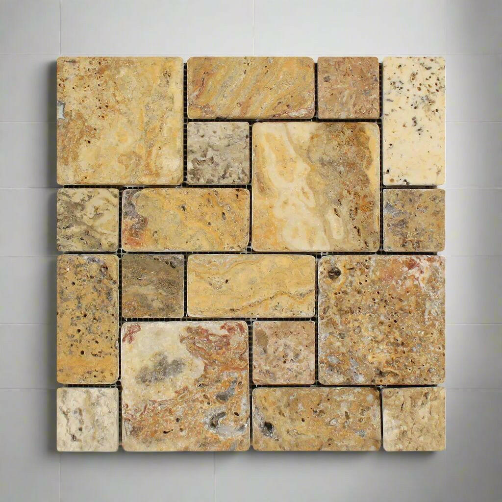 Scabos Travertine 3-Pieced Mini-Pattern Tumbled Mosaic Tile-Travertine Mosaic-American Tile Depot