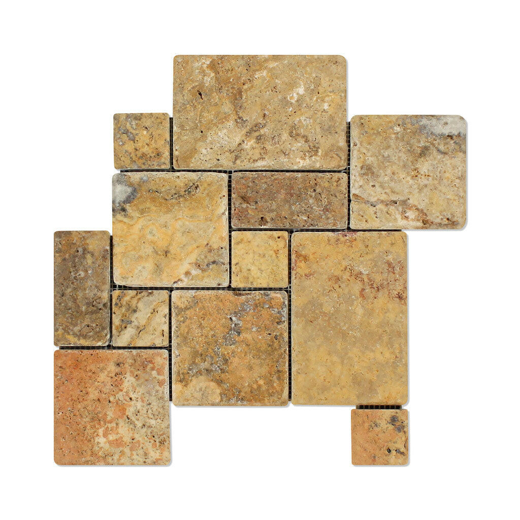 Scabos Travertine 4-Pieced OPUS Mini-Pattern Tumbled Mosaic Tile-Travertine Mosaic-American Tile Depot