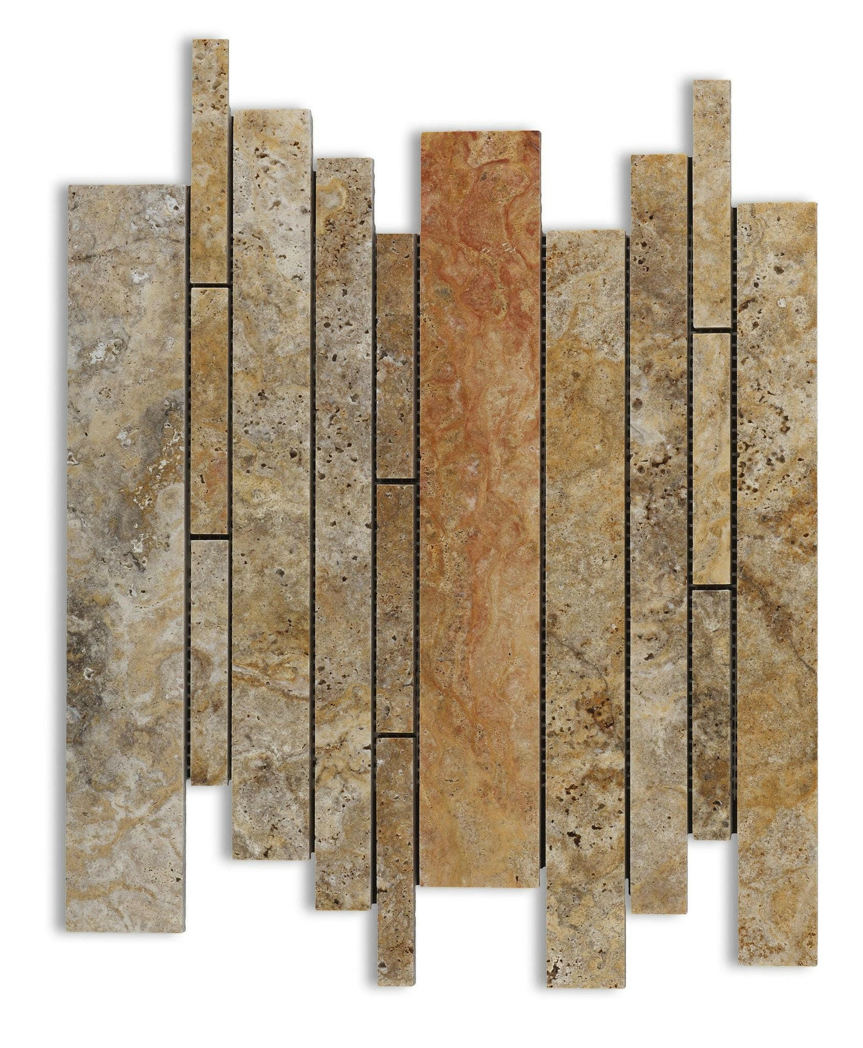 Scabos Travertine Honed Random Strip Mosaic Tile-Travertine Mosaic-American Tile Depot