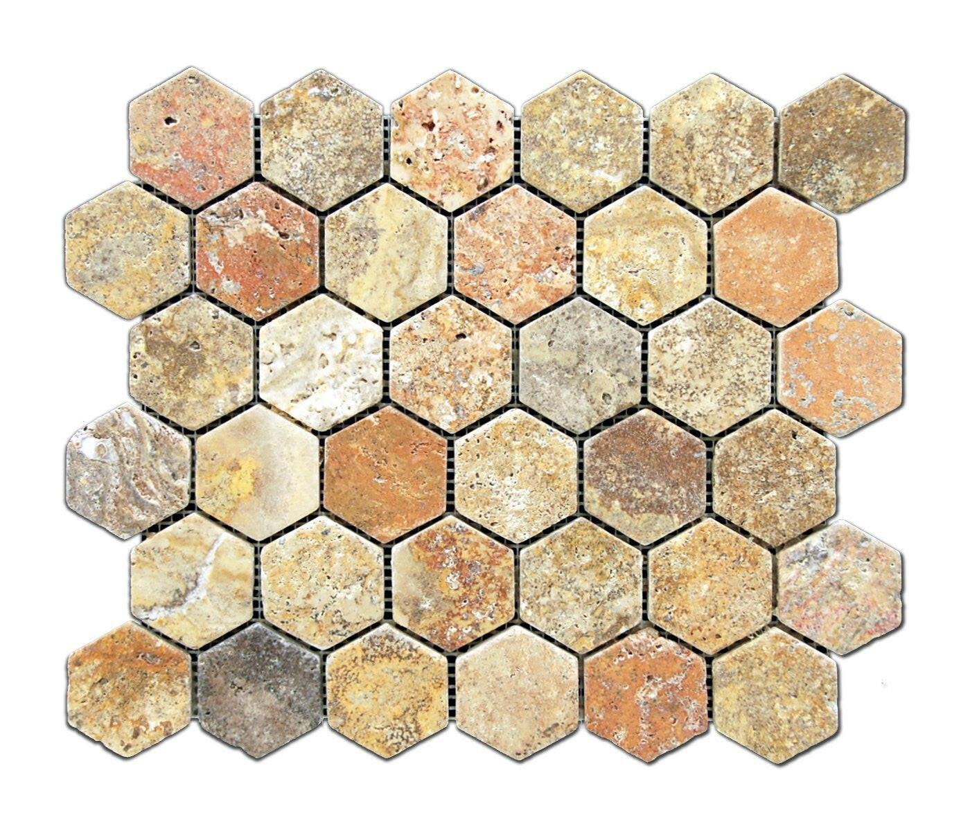 Scabos Travertine Tumbled 2'' Hexagon Mosaic Tile-Travertine Mosaic-American Tile Depot