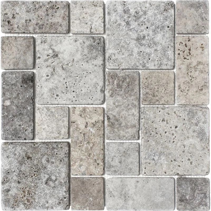 Silver Travertine 3-Pieced Mini-Pattern Tumbled Mosaic Tile-Travertine Mosaic-American Tile Depot