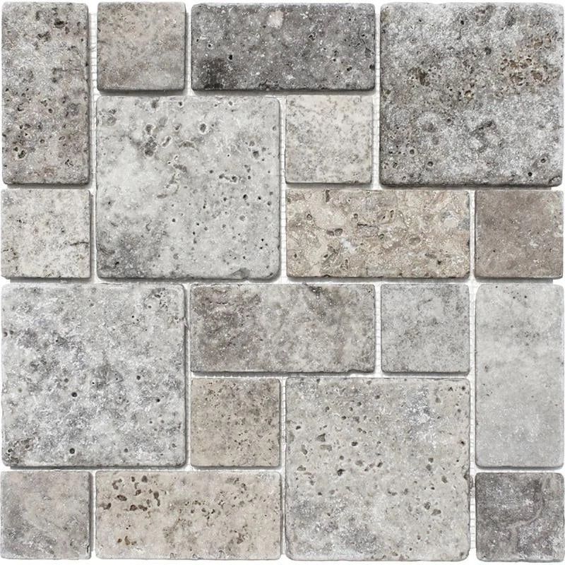 Silver Travertine 3-Pieced Mini-Pattern Tumbled Mosaic Tile-Travertine Mosaic-American Tile Depot