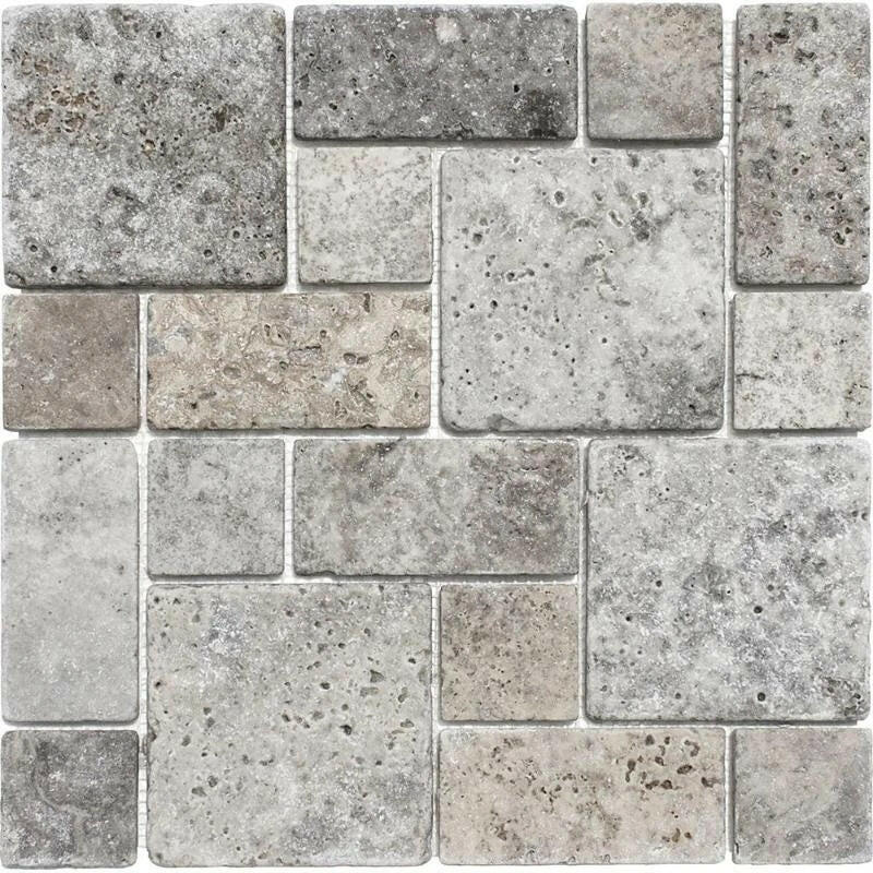 Silver Travertine 3-Pieced Mini-Pattern Tumbled Mosaic Tile-Travertine Mosaic-American Tile Depot