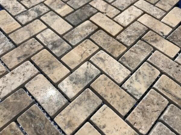 Silver Travertine Tumbled 1 X 2 Herringbone Mosaic Tile-Travertine Mosaic-American Tile Depot