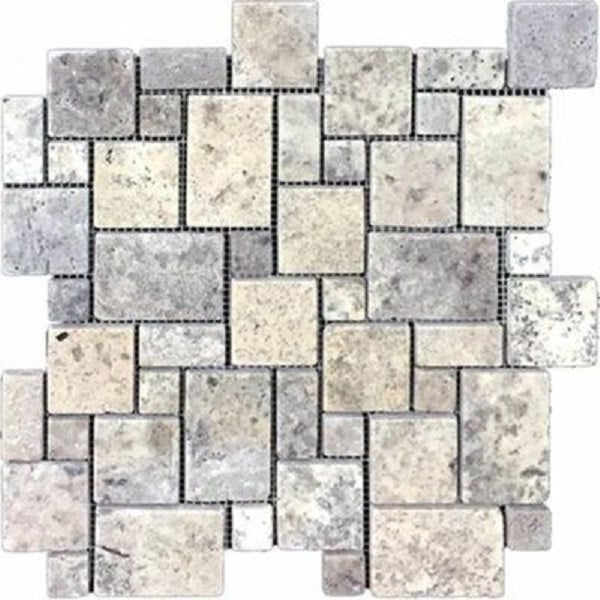 Silver Travertine Tumbled Micro-Pattern (Mini Versailles) Mosaic Tile-Travertine Mosaic-American Tile Depot