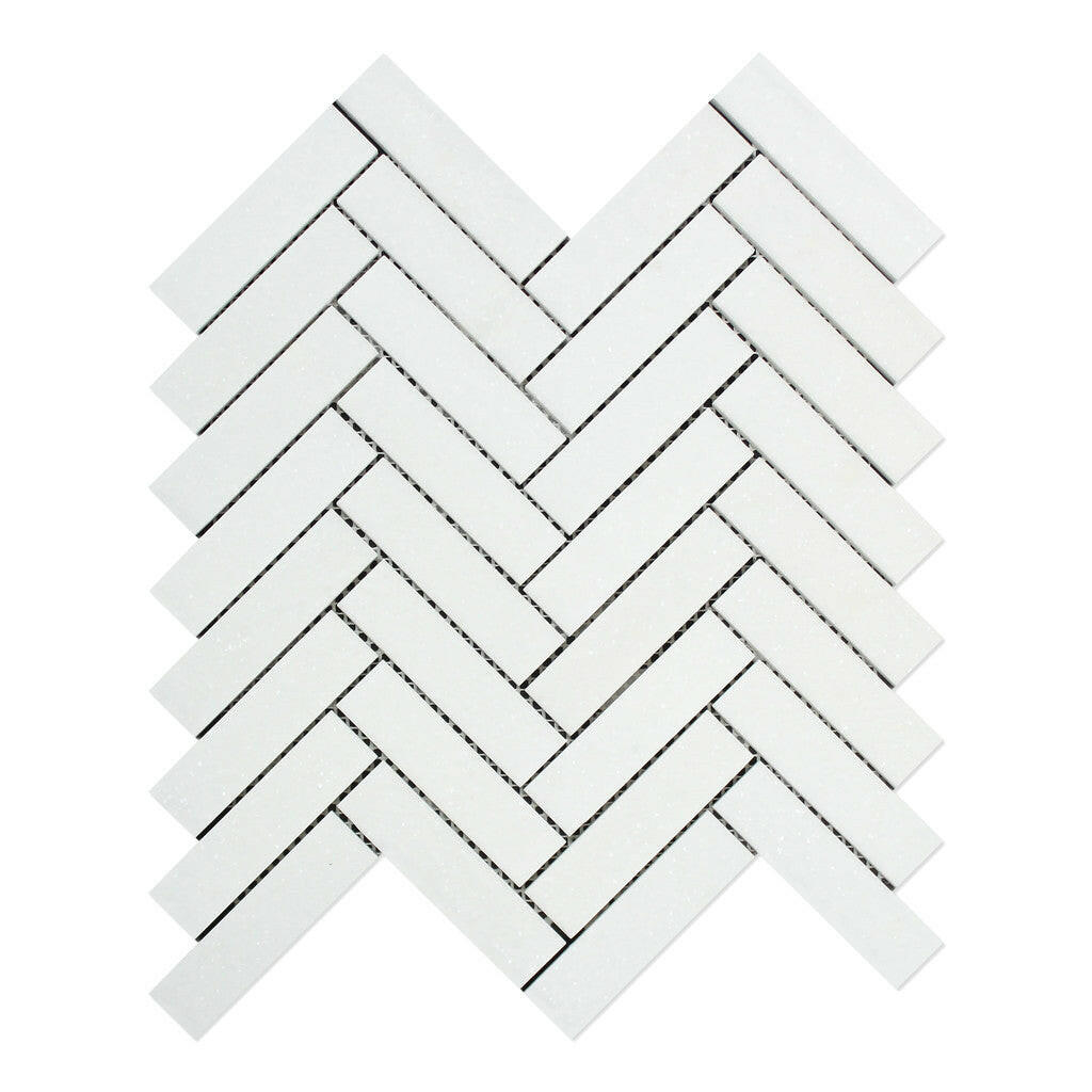 Thassos White Marble Honed 1 x 4 Herringbone Mosaic Tile-Marble Mosaic-American Tile Depot