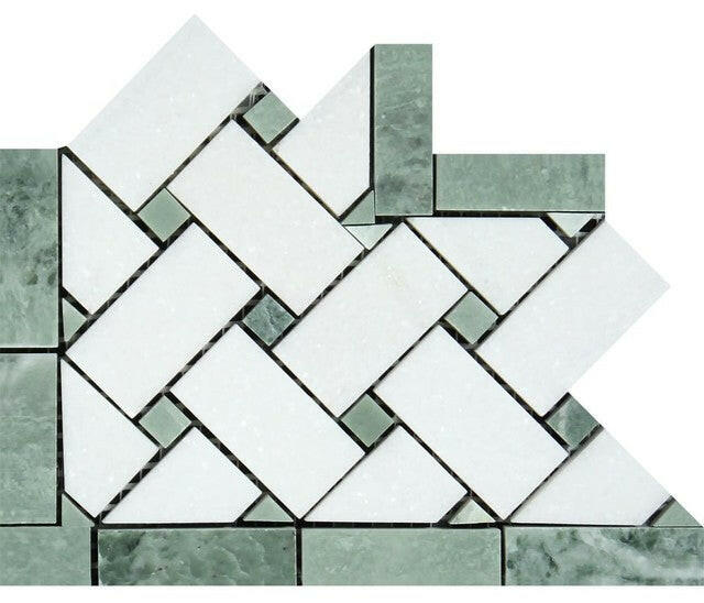 Thassos White Marble Honed Basketweave Border Corner w / Ming-Green Dots-Marble Border-American Tile Depot