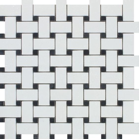 Thassos White Marble Honed Basketweave Mosaic Tile w/ Black Dots-Marble Mosaic-American Tile Depot