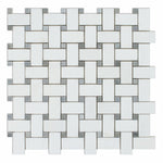 Thassos White Marble Honed Basketweave Mosaic Tile w/ Blue-Gray Dots-Marble Mosaic-American Tile Depot