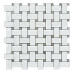 Thassos White Marble Honed Basketweave Mosaic Tile w/ Blue-Gray Dots-Marble Mosaic-American Tile Depot