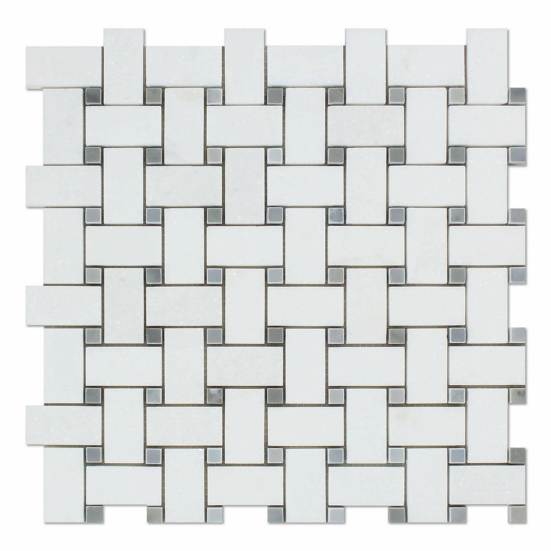 Thassos White Marble Honed Basketweave Mosaic Tile w/ Blue-Gray Dots-Marble Mosaic-American Tile Depot