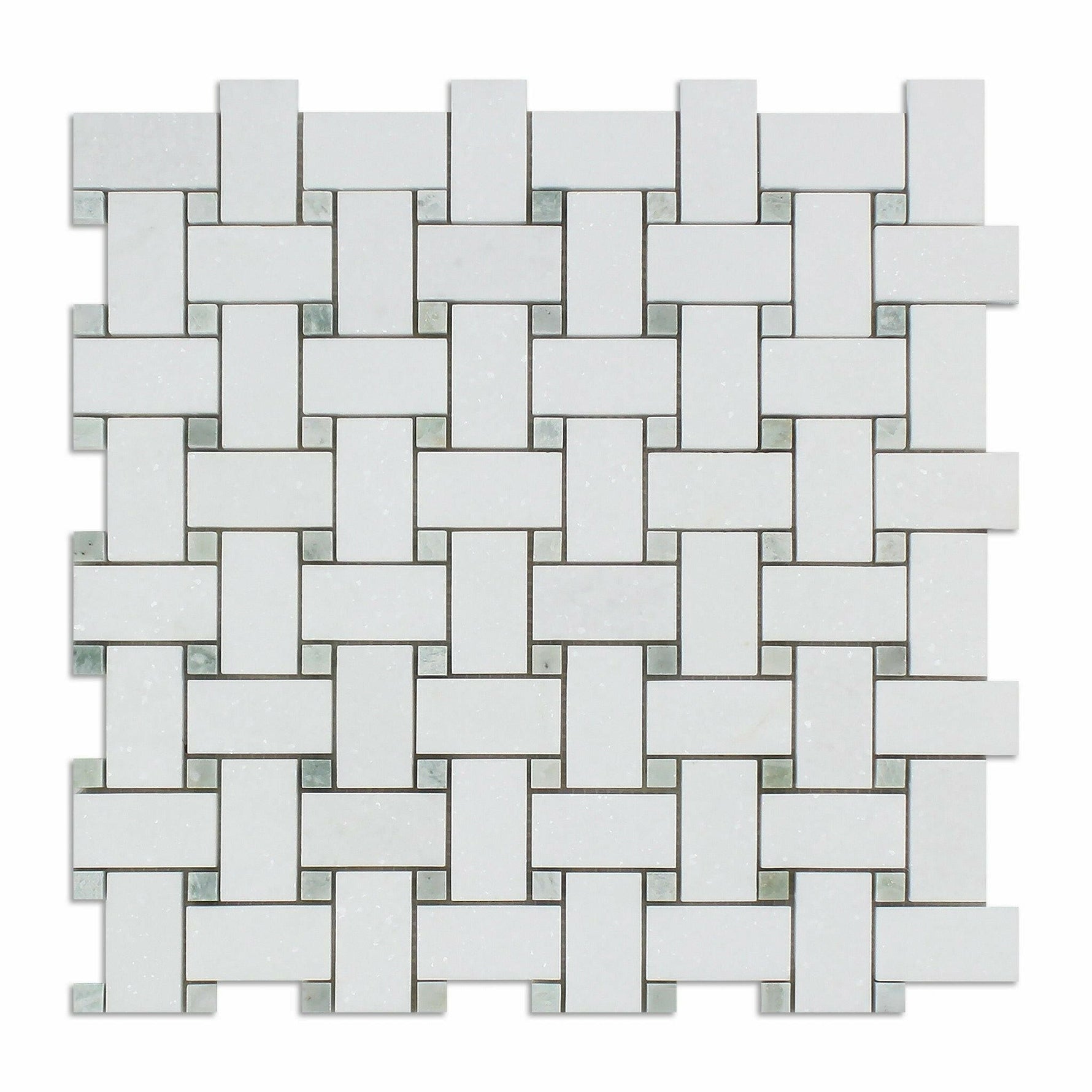 Thassos White Marble Honed Basketweave Mosaic Tile w/ Ming-Green Dots-Marble Mosaic-American Tile Depot