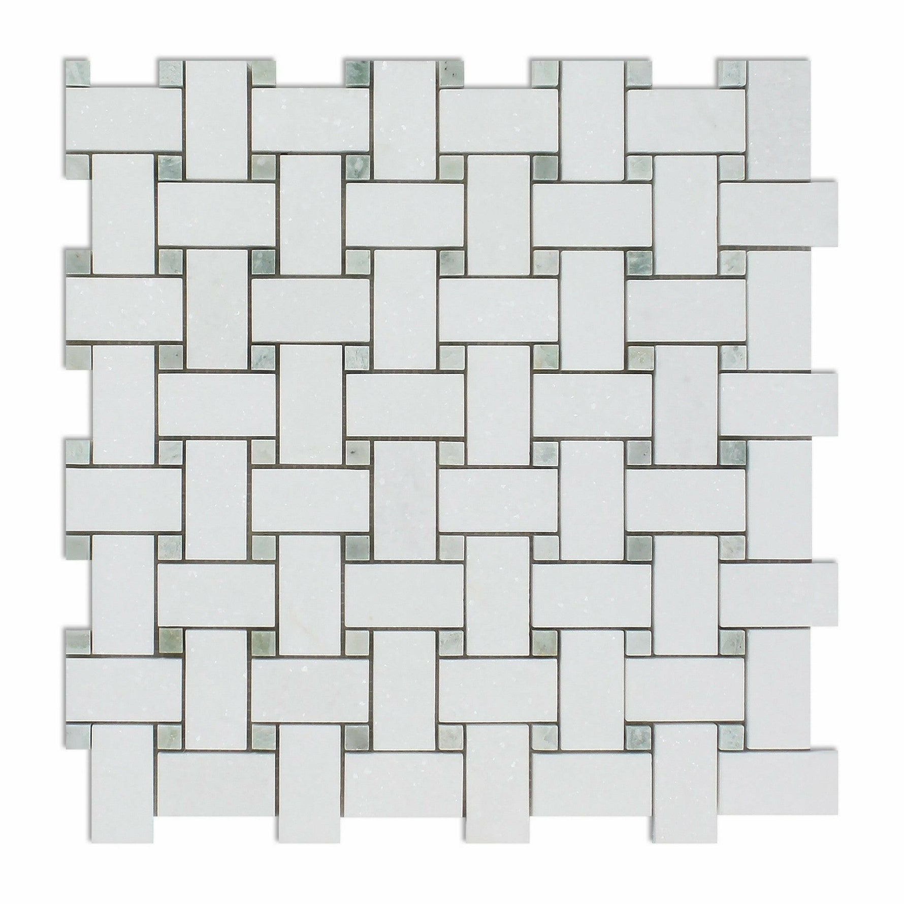 Thassos White Marble Honed Basketweave Mosaic Tile w/ Ming-Green Dots-Marble Mosaic-American Tile Depot