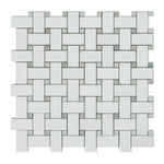 Thassos White Marble Honed Basketweave Mosaic Tile w/ Ming-Green Dots-Marble Mosaic-American Tile Depot