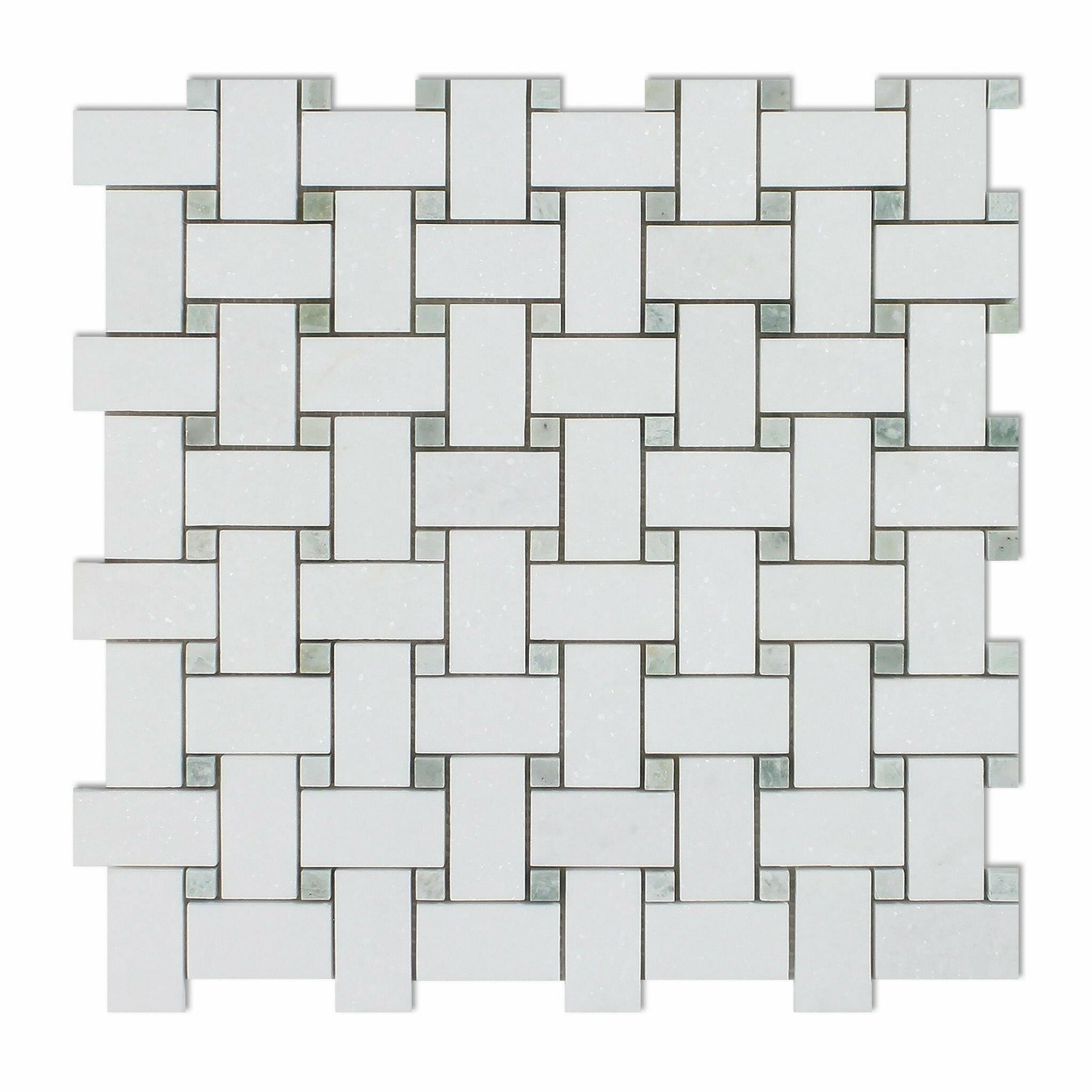 Thassos White Marble Honed Basketweave Mosaic Tile w/ Ming-Green Dots-Marble Mosaic-American Tile Depot