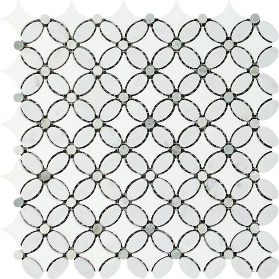 Thassos White Marble Honed Florida Flower Mosaic Tile w/ Ming Green Dots-Marble Mosaic-American Tile Depot