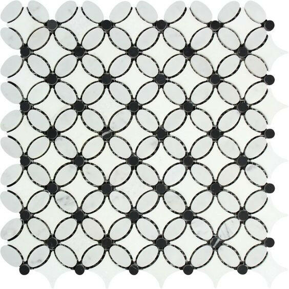 Thassos White Marble Honed Florida Flower Mosaic Tile w/Black Dots-Marble Mosaic-American Tile Depot